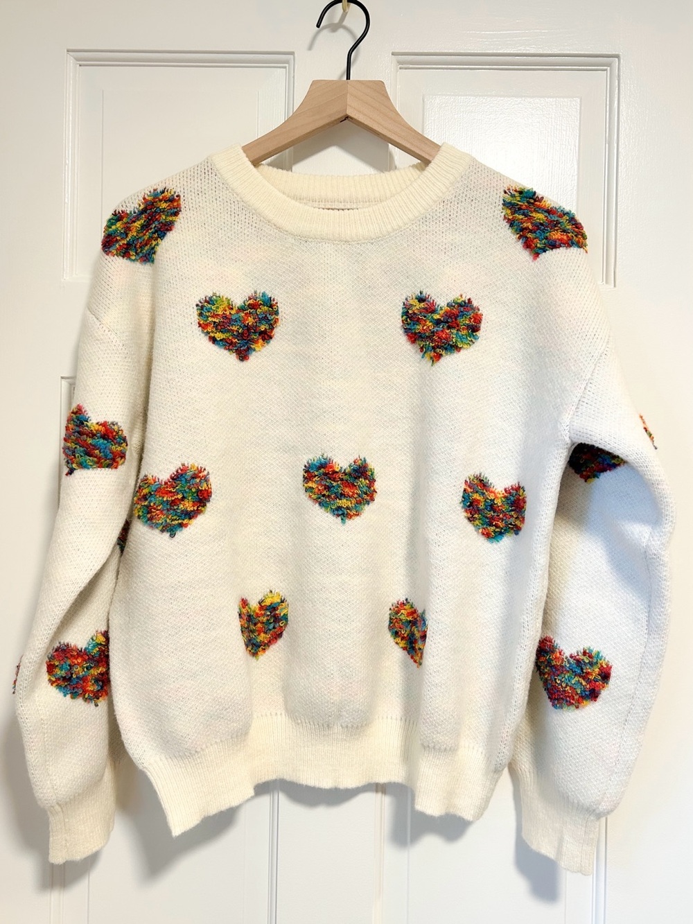 NWOT Rainbow Confetti Textured Heart Oversized Sweater - Cream, Multi - Size M